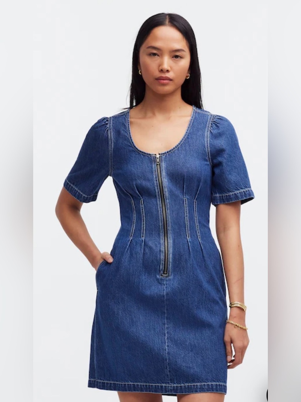 Madewell Denim Darted Mini Dress Zip Pockets Y2K Coastal Cowgirl Western Size 14